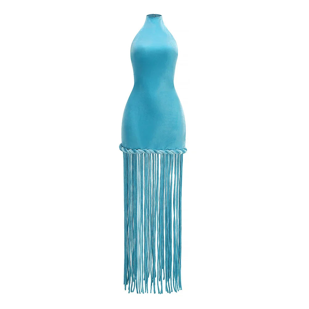 Melissa Velvet Tassel Maxi Dress Blue