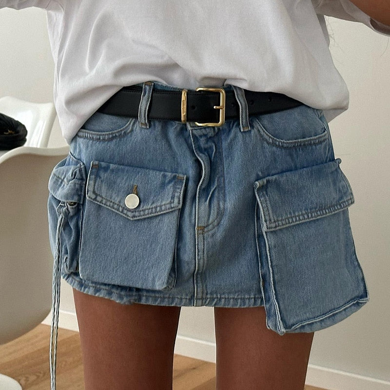 Asymmetrical Pockets Denim Skirt Blue