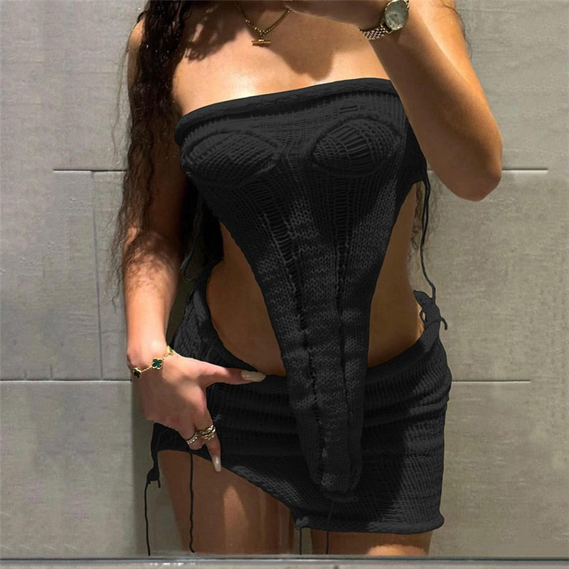 Irregular Knitted Sexy Set Black