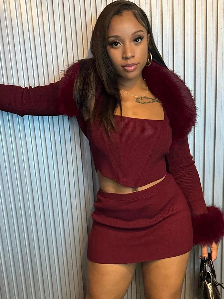 Shawl Fur Skirt Set