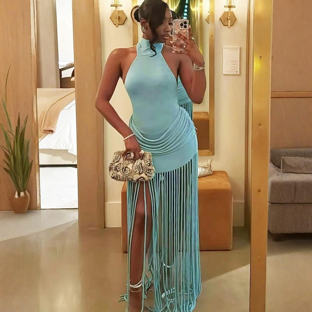 Fringe Backless Maxi Dress Blue