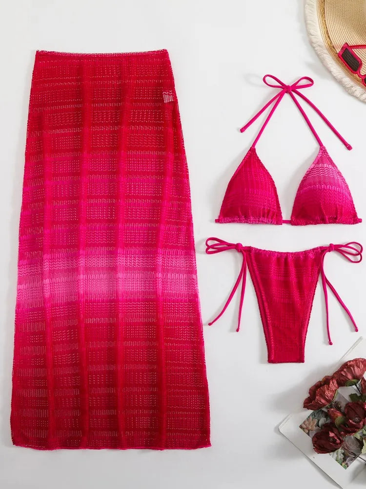 Gradient Mesh Skirt Bikini Set Rose Red
