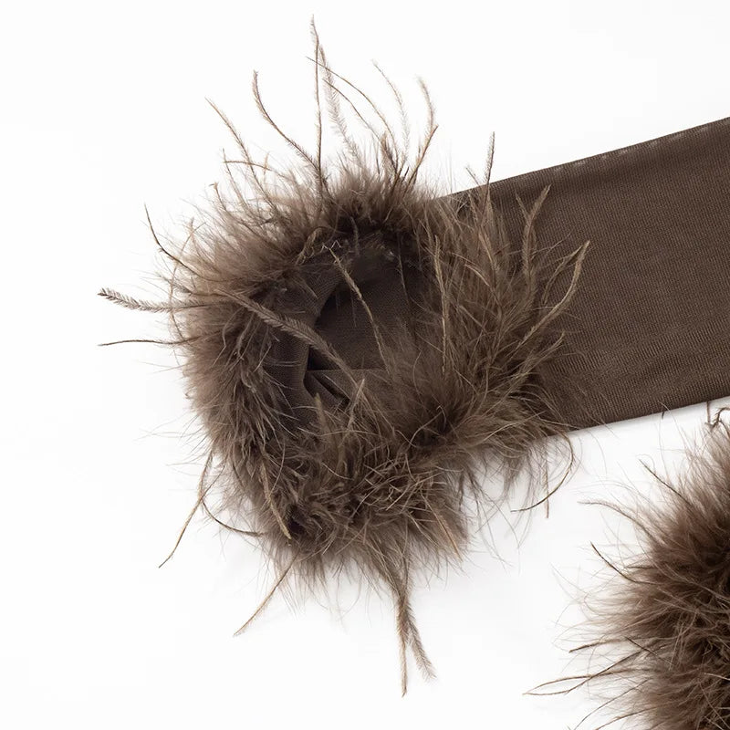 Fluffy Feather Mesh Pants Set