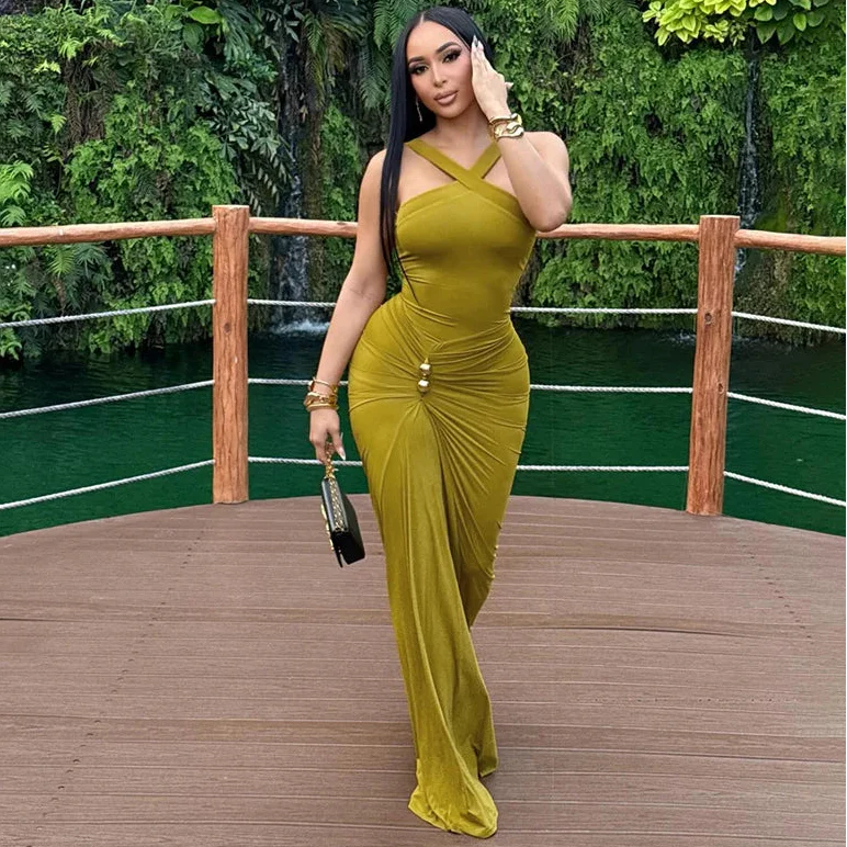 Cross Neck Ruched Maxi Dress