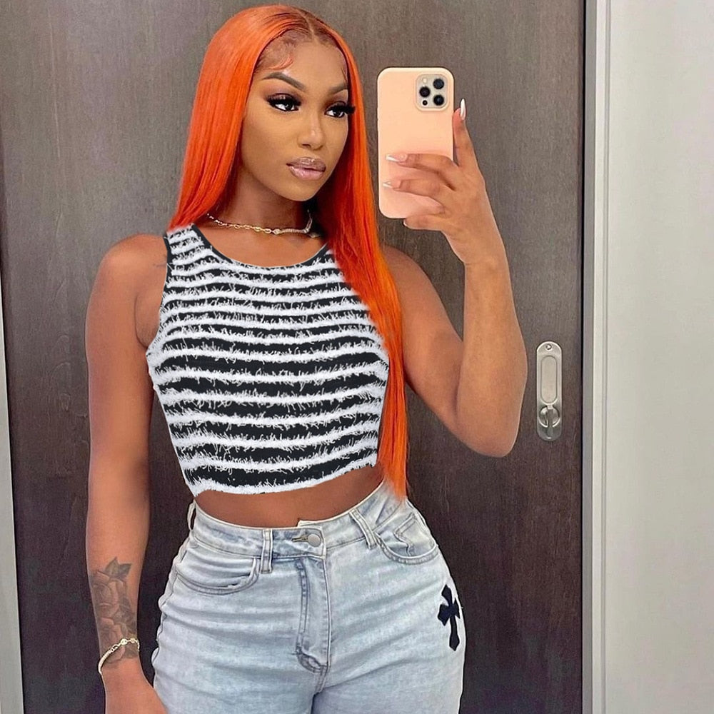 Fuzzy Striped Crop Top Two Shoulders