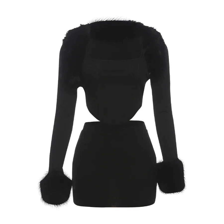 Shawl Fur Skirt Set