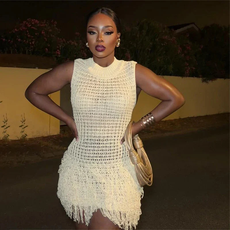 Crochet Fringe Dress Beige