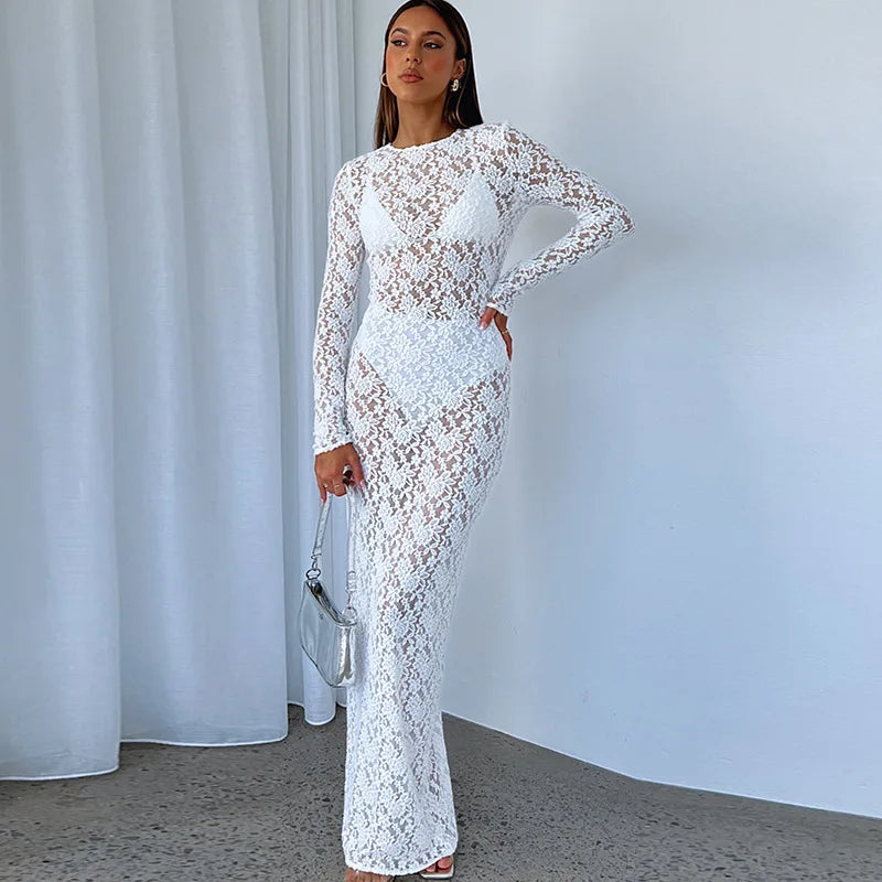 Lace See Through Maxi Dress White