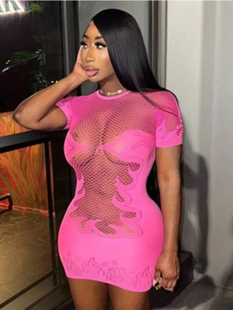 Flaming Hot Mesh Mini Dress Pink One Size