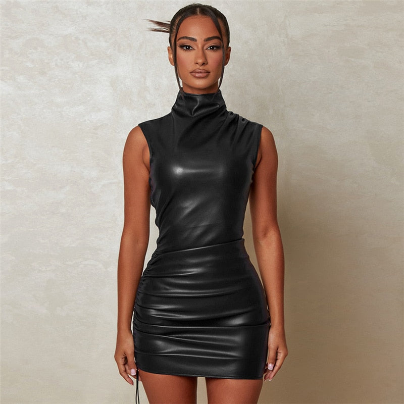 Shiny Turtleneck Mini Dress Black