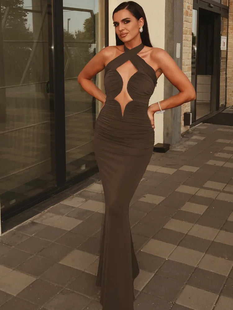 Brown Ruched Maxi Dress Brown