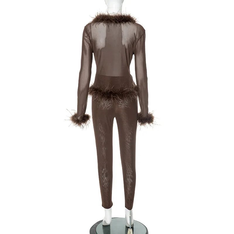 Fluffy Feather Mesh Pants Set
