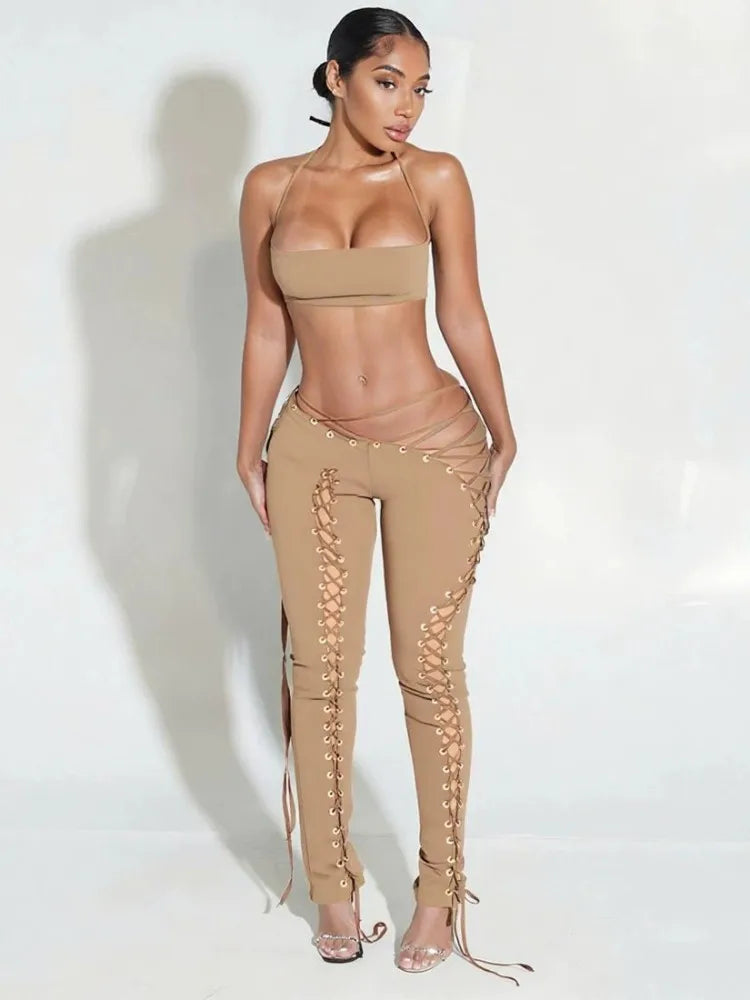 Iris Lace Up Pants Set Khaki