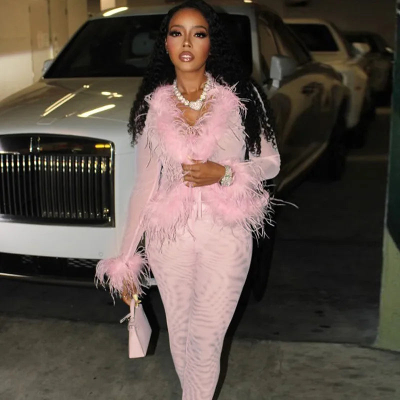 Fluffy Feather Mesh Pants Set Pink