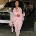 Fluffy Feather Mesh Pants Set Pink