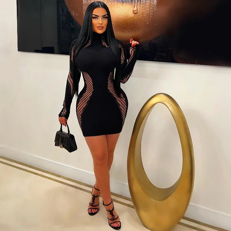 Mesh Hollow Out Stretchy Dress Black