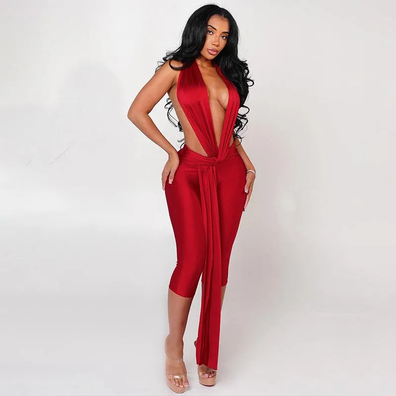 Temptation Wrap Capri Jumpsuit Red