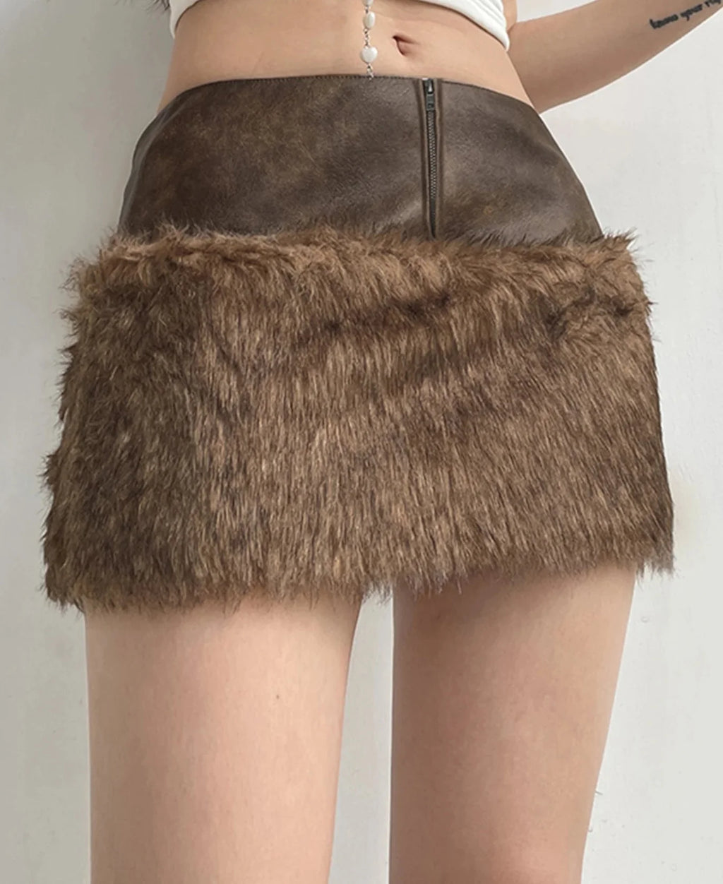 Vintage Leather Furry Mini Skirt Brown