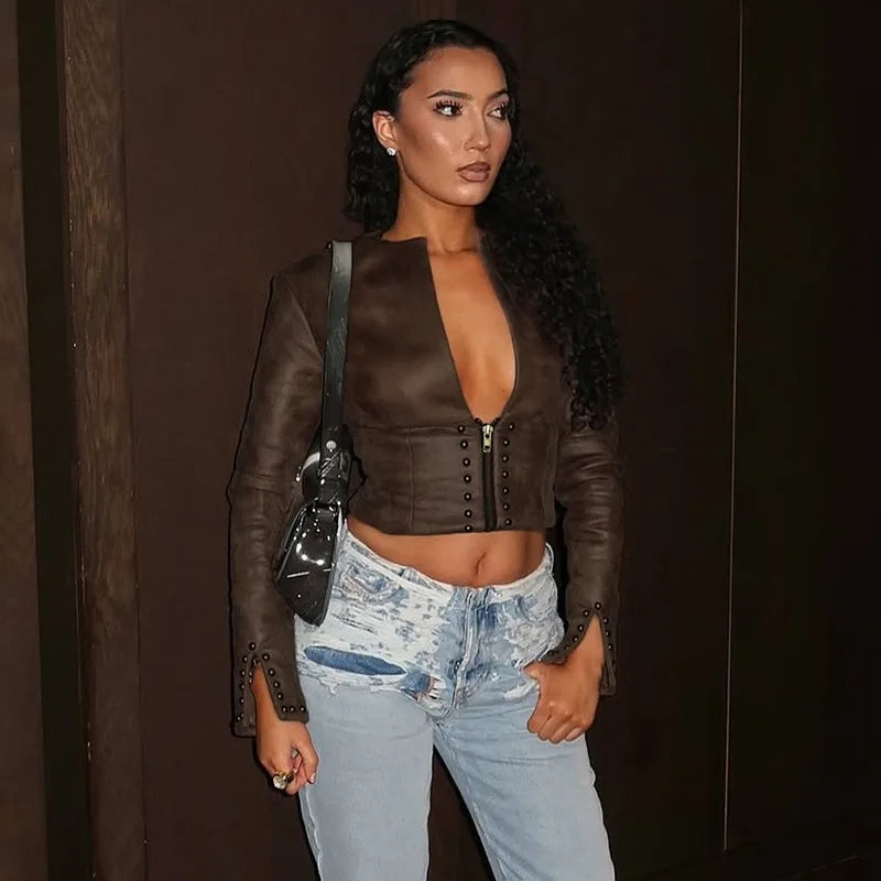 Chrome Studded Leather Crop Jacket
