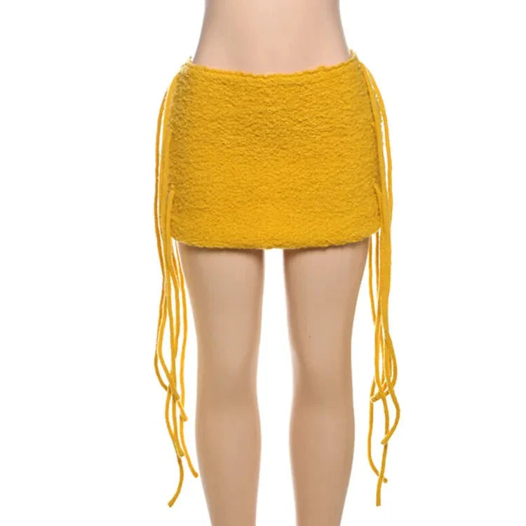 Tassel Mini Skirt & Knit Crochet Top Yellow