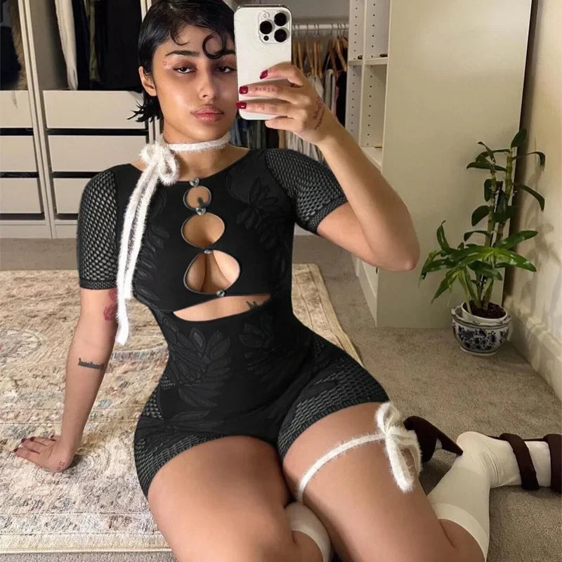 Hollow Out Mesh Romper Black