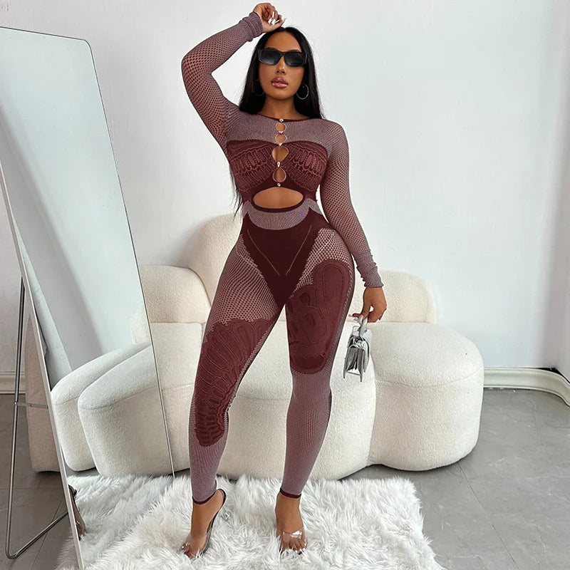 Mesh Cut Out Jumpsuit Brown