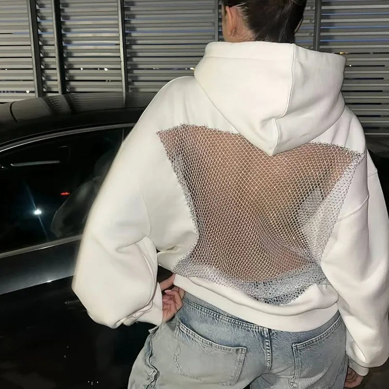 Crystal Mesh Back Hoodie White