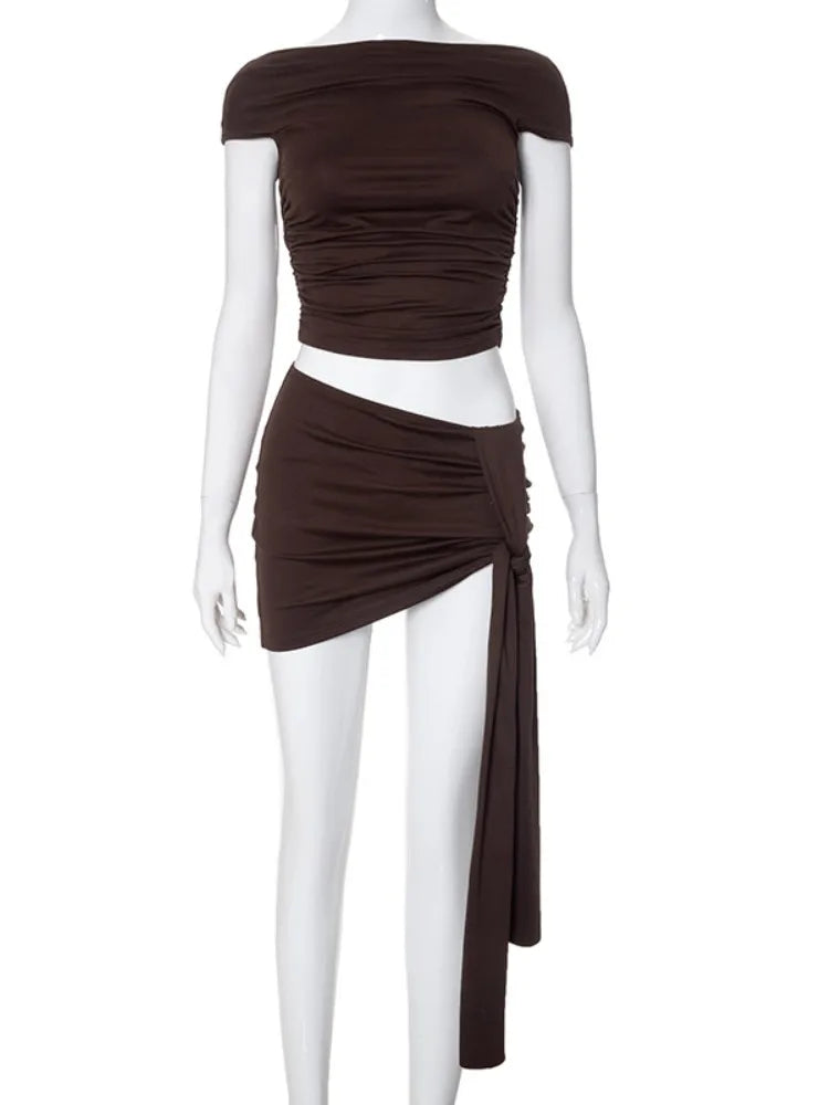 Luanda Pleated Mini Skirt Set Brown