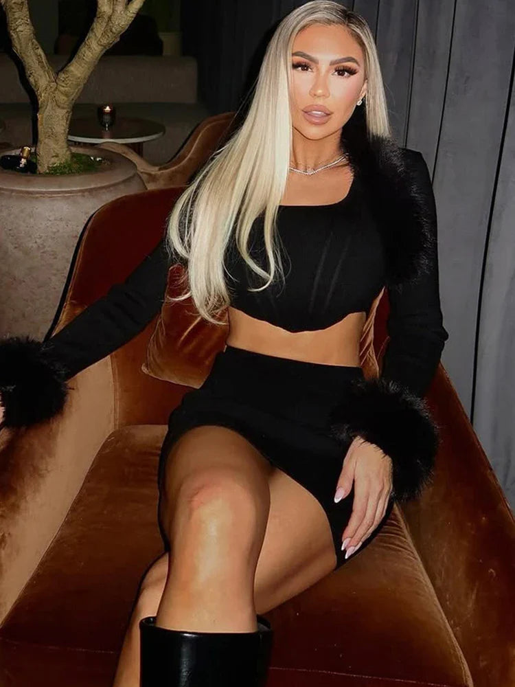 Shawl Fur Skirt Set black
