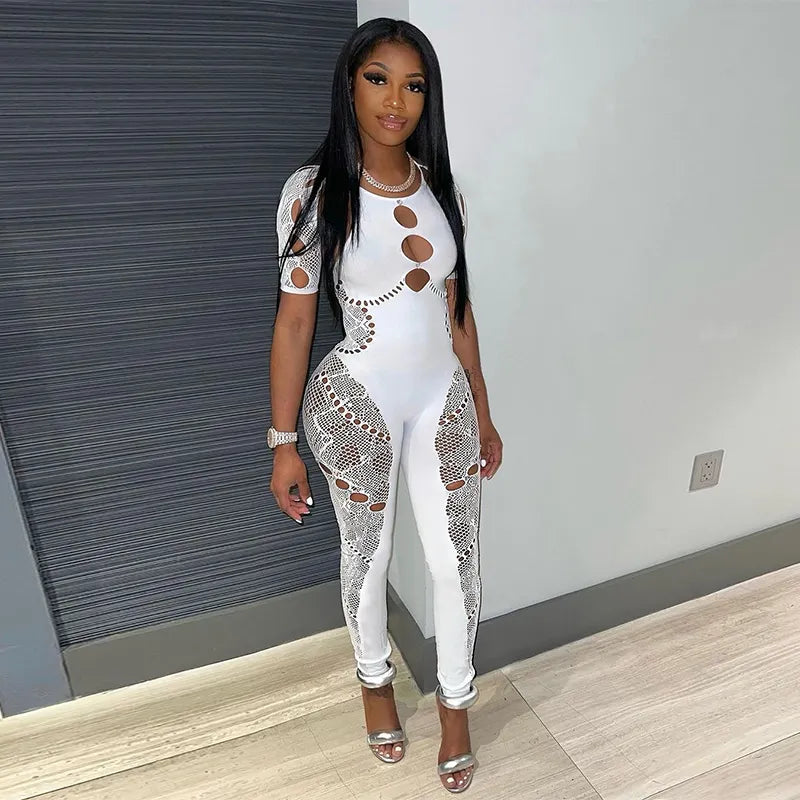 Mesh Hollow Out Stretchy Jumpsuit White