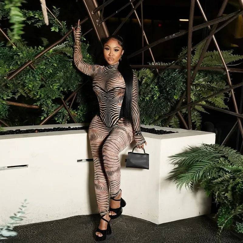 Zebra Print Mesh Jumpsuit