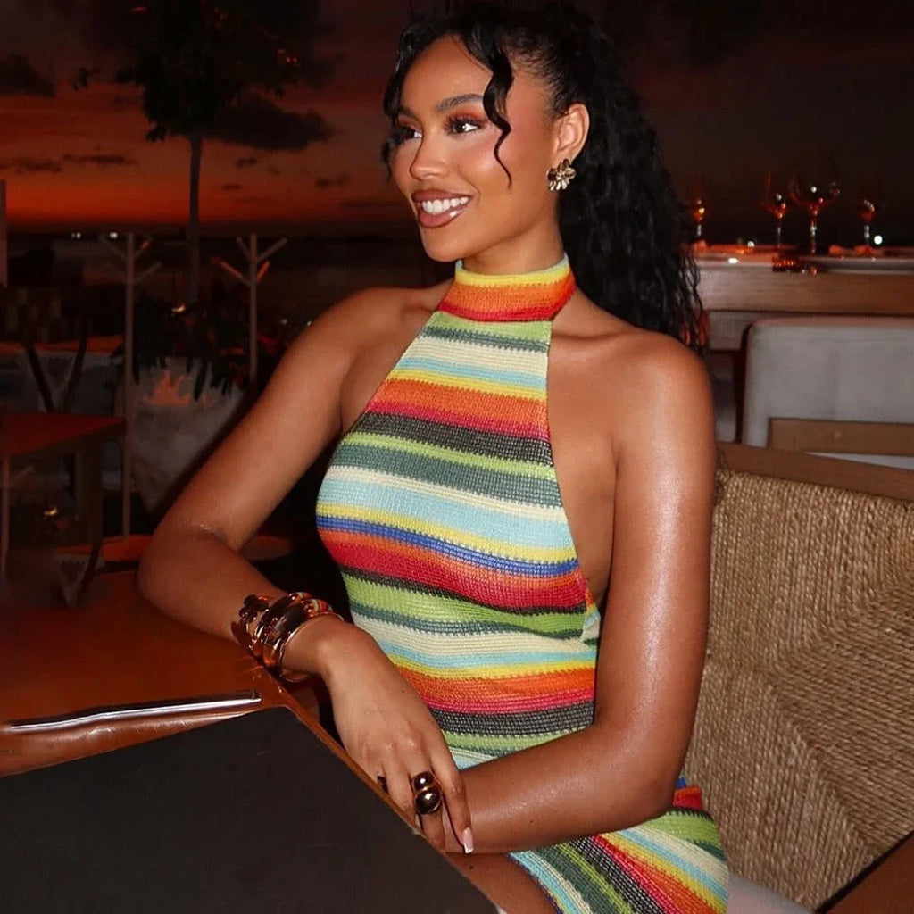 Striped Halter Knitted Mini Dress
