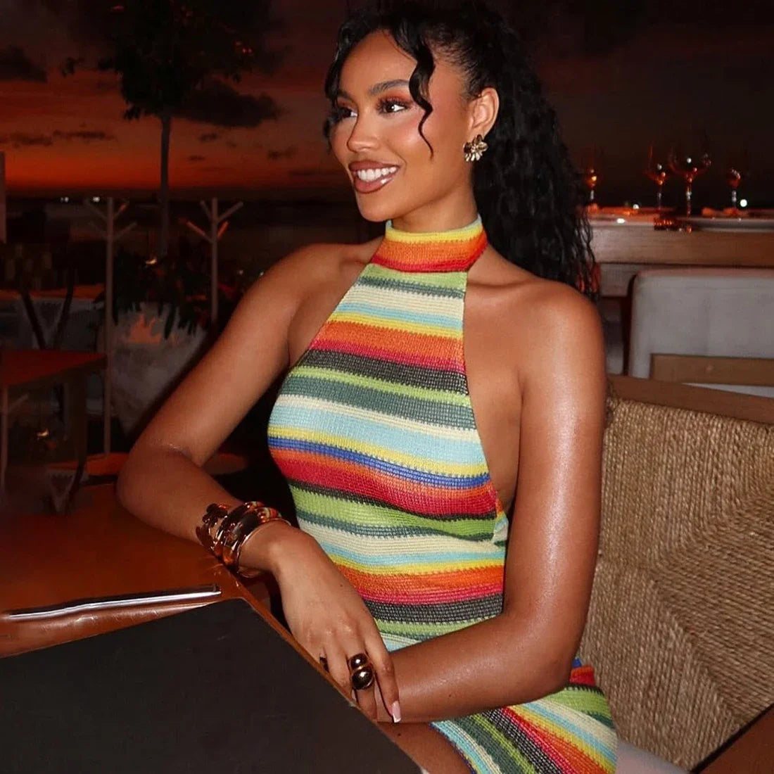 Striped Halter Knitted Mini Dress