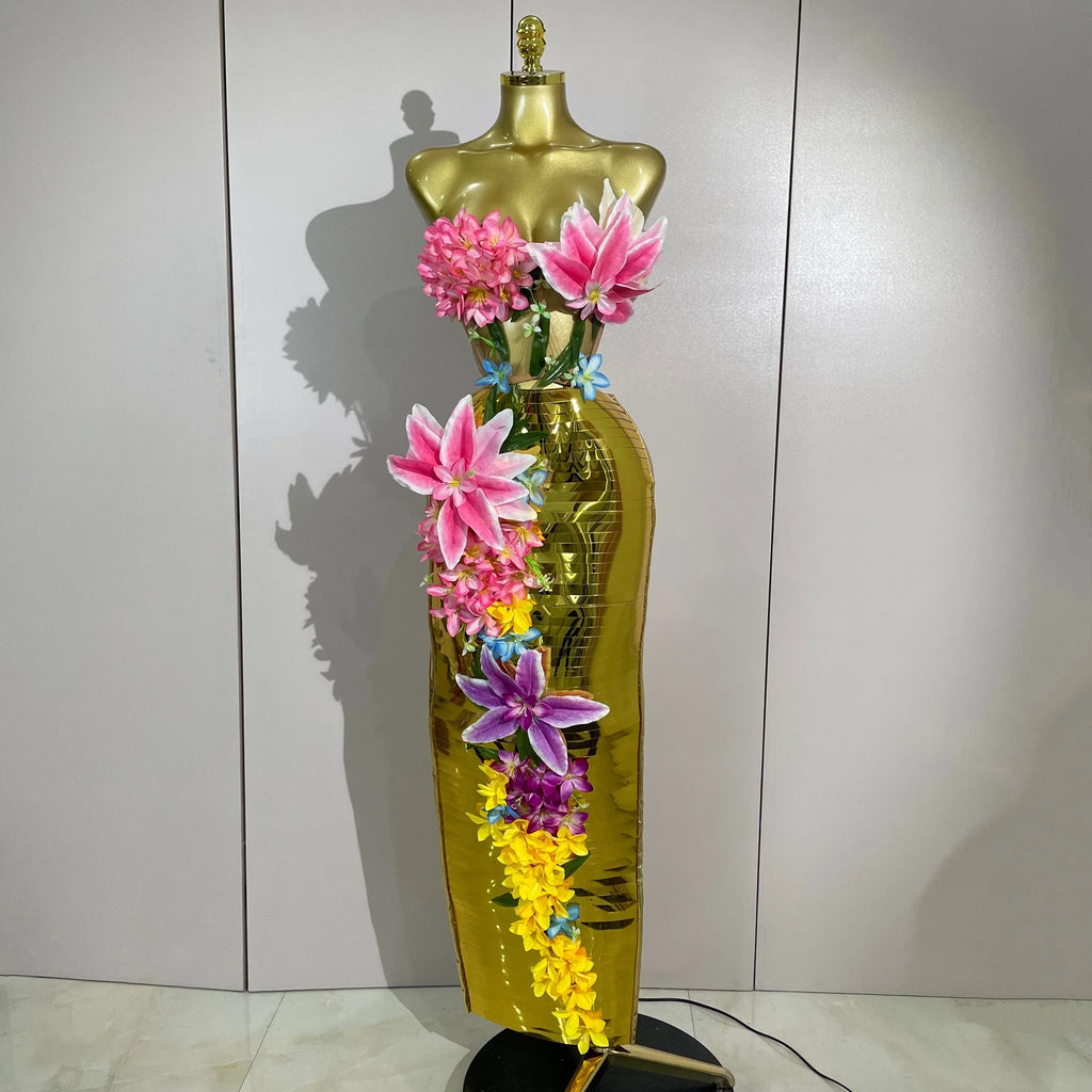 3D Flower Golden Skirt Set