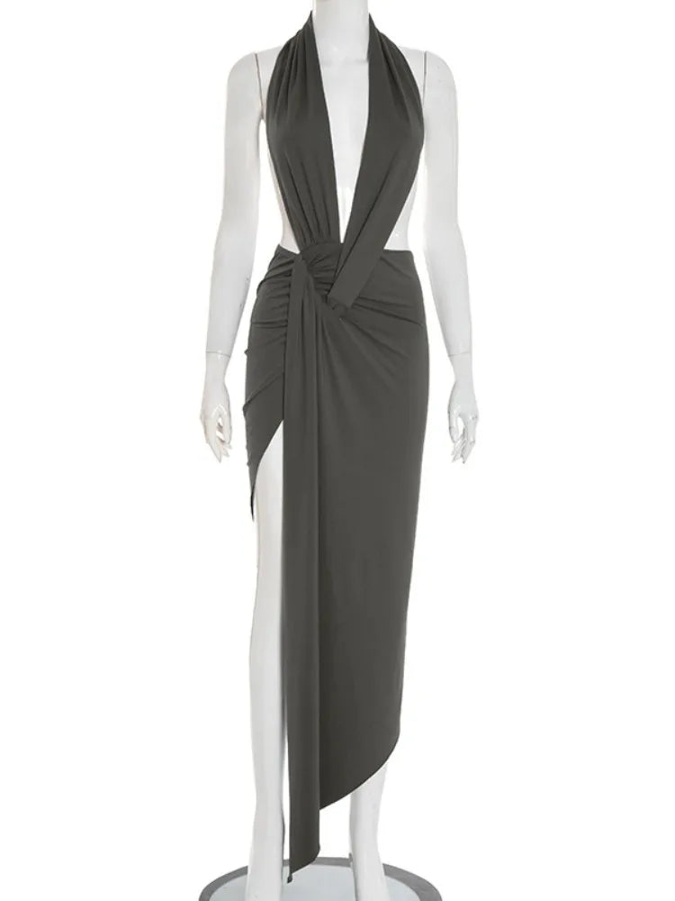Lyla Ruched V-Neck Backless Dress Sage Green
