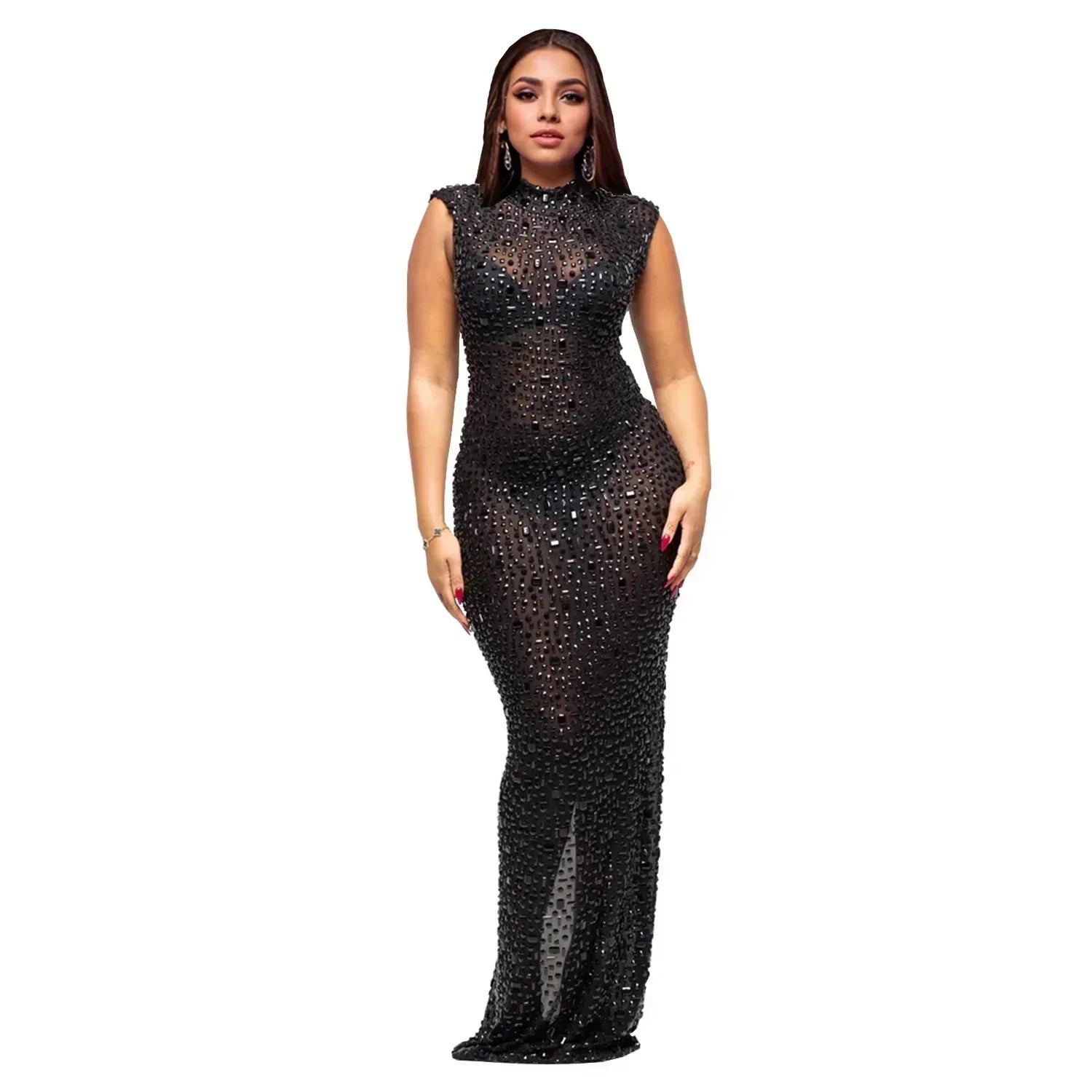 Hot Rhinestone Bodycon Maxi Dress Black