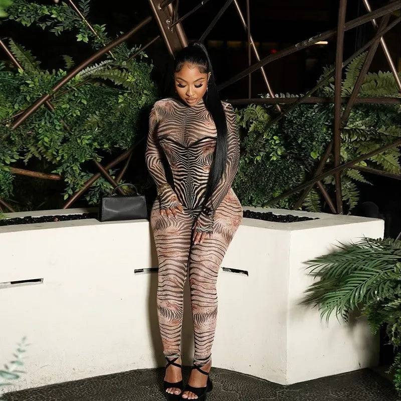 Zebra Print Mesh Jumpsuit
