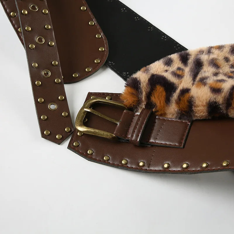 Leopard Fur Heart Leather Buckle Belt