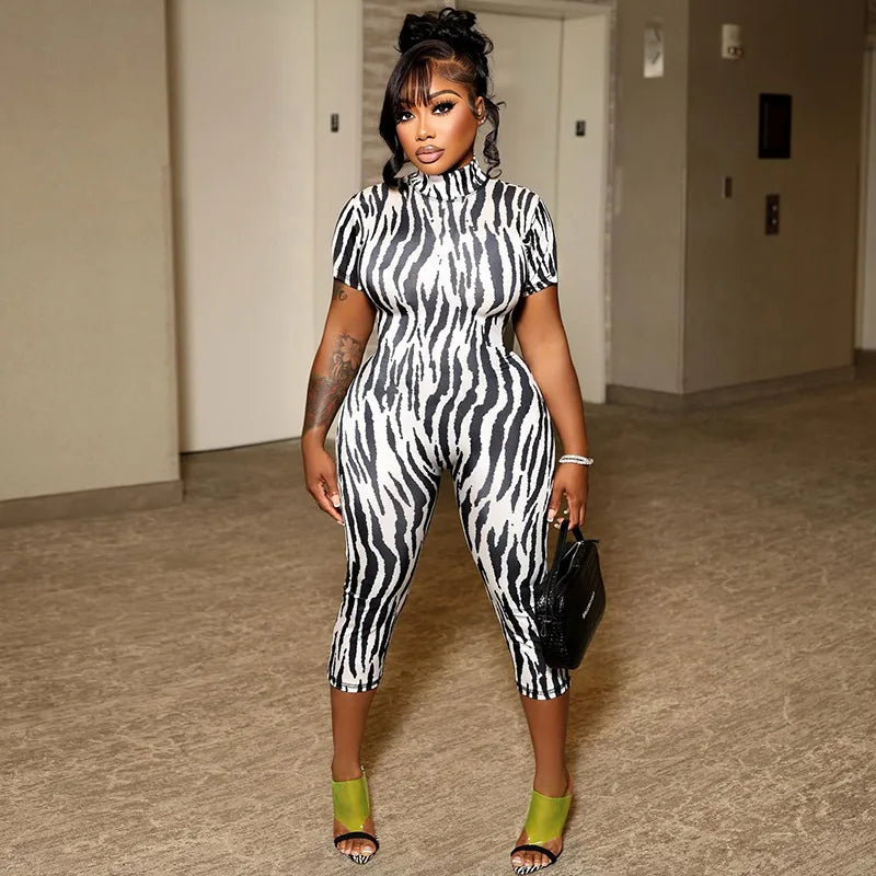 Zebra Print Mock Neck Capri Jumpsuit