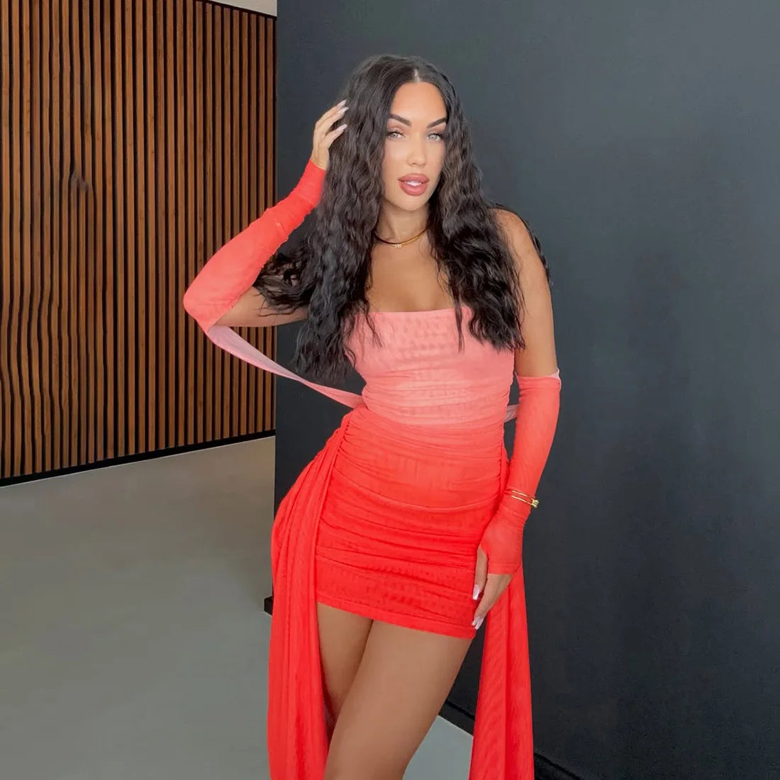 Mesh Drama Sleeve Dress Pink