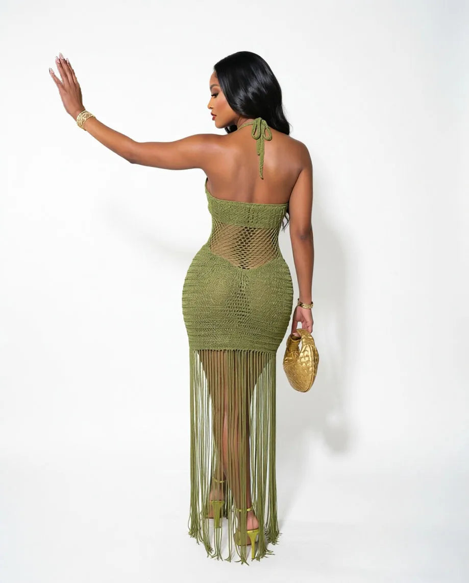 Sequined Knitted Fringe Maxi Dress
