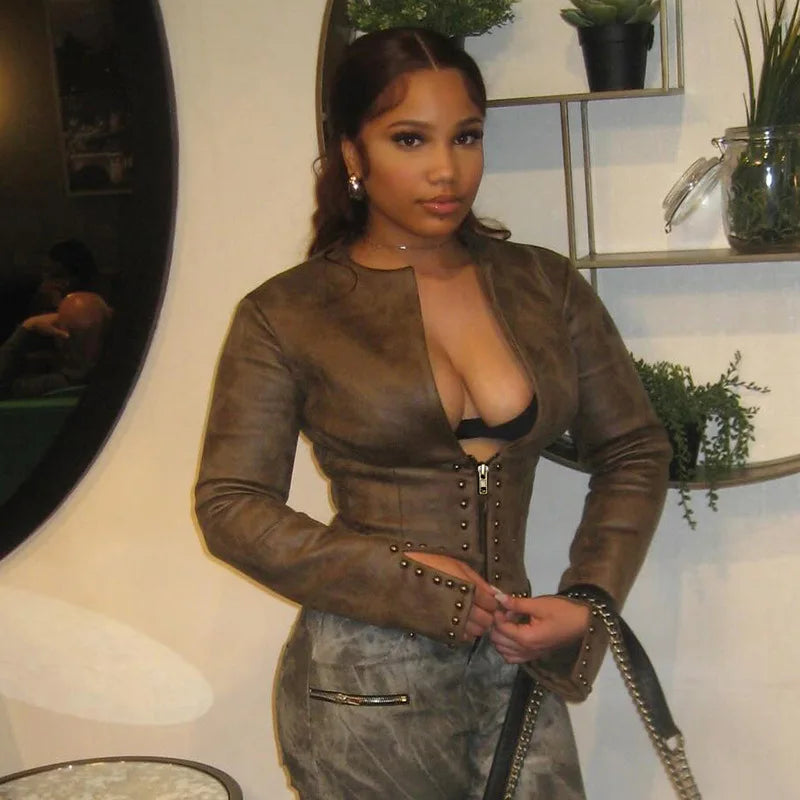 Chrome Studded Leather Crop Jacket