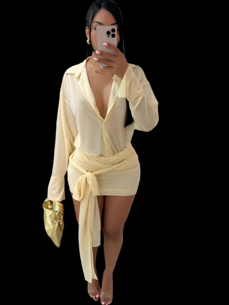 A Sheer Mesh Shirt Dress Yellow