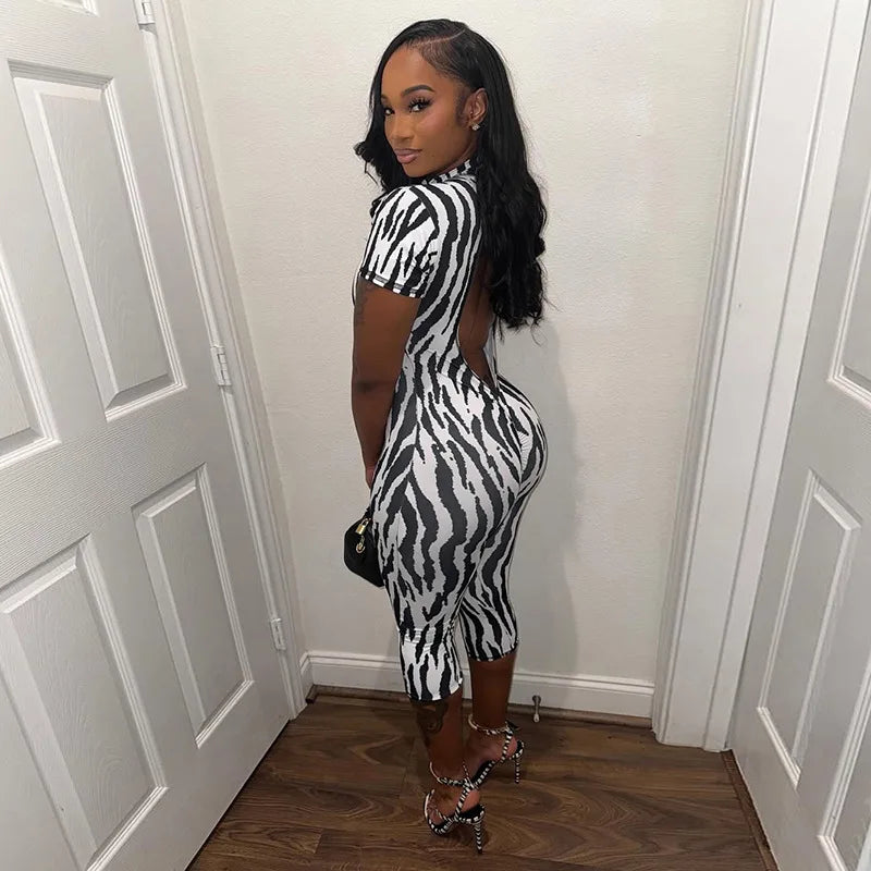Zebra Print Mock Neck Capri Jumpsuit