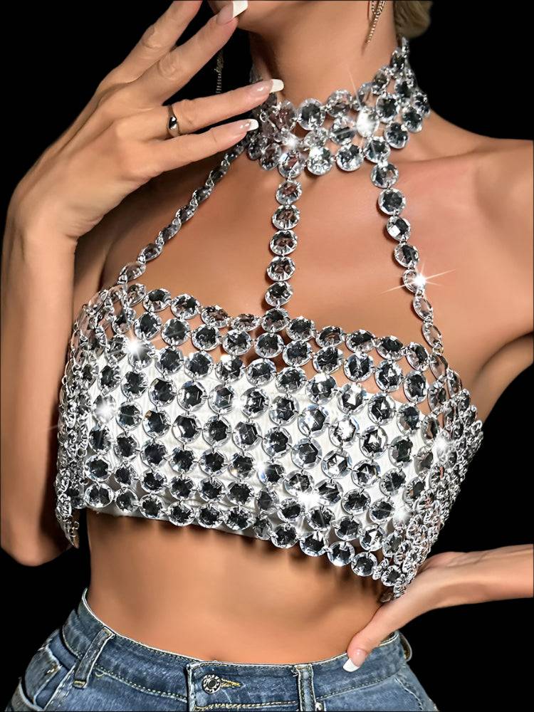 Diamonds Bustier Sequin Crop Top Silver One Size