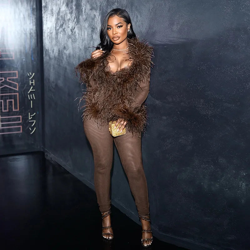 Fluffy Feather Mesh Pants Set