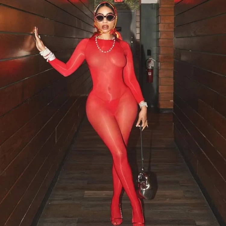 Sheer Plunge Jumpsuit One Size Red