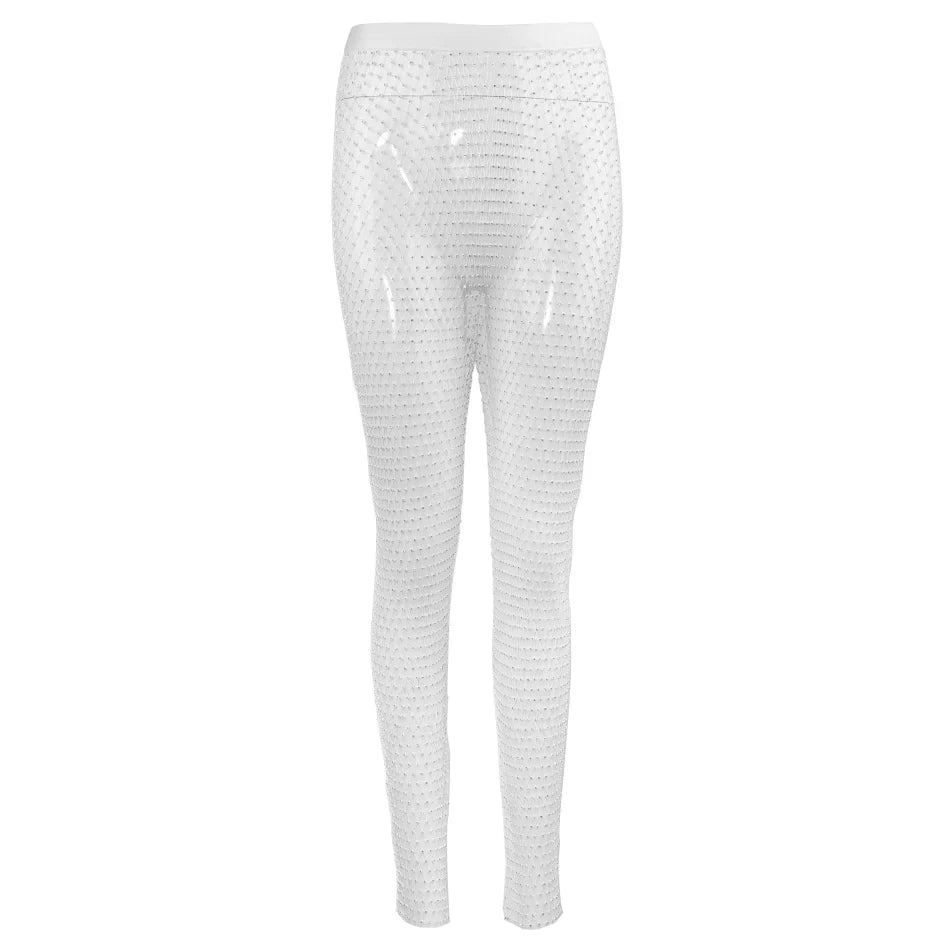 Sparkle Fishnet Rhinestone Trouser White Straight-Legs