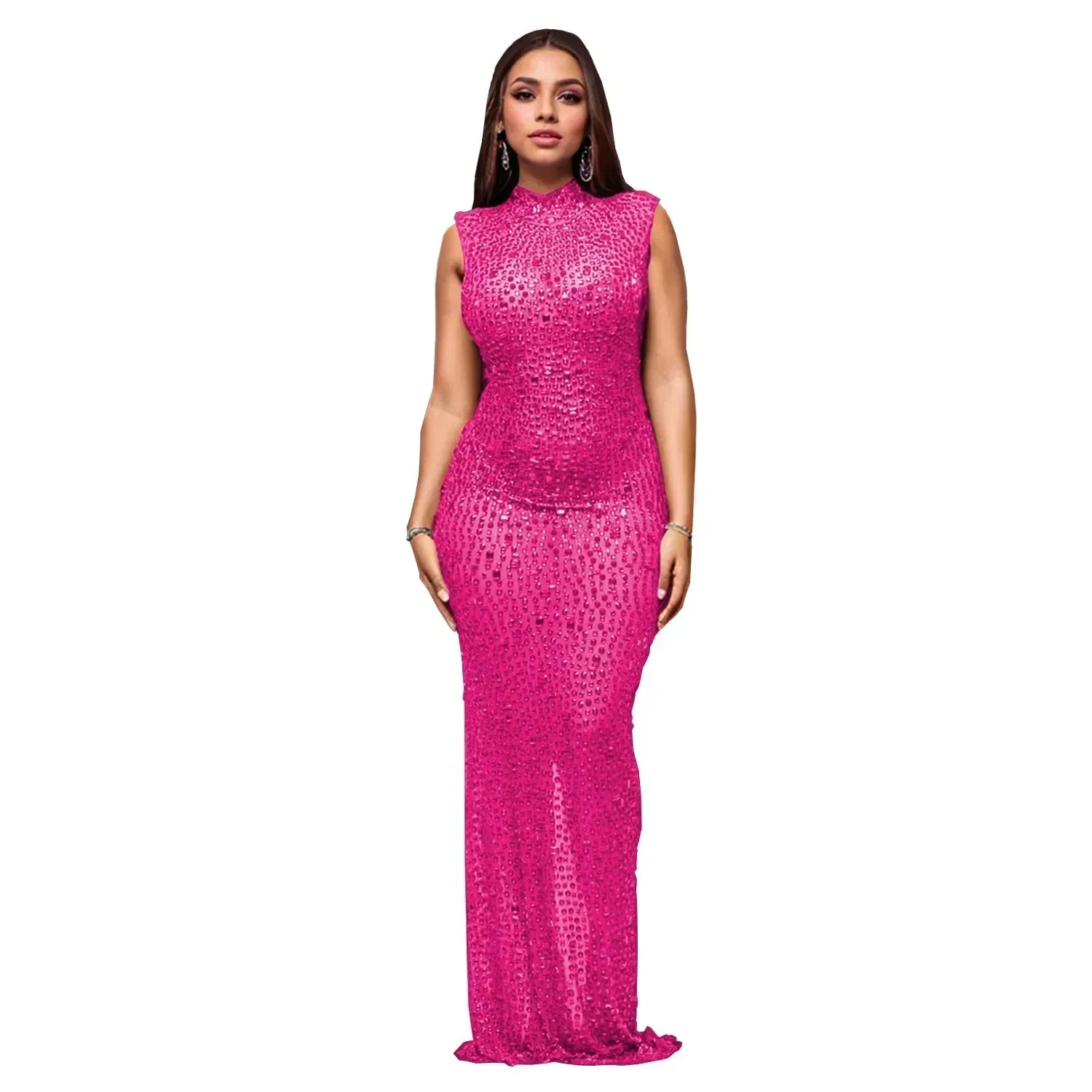 Hot Rhinestone Bodycon Maxi Dress Rose Red