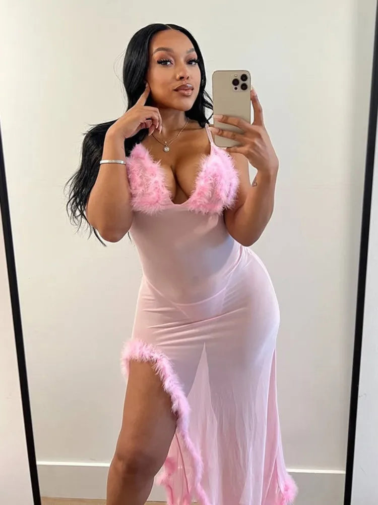 Exotic Mesh Maxi Dress Pink